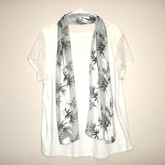 Scarf Light Grey with Black Palm Leaves Lightweight Long Accessory Woman S13 - Picture 2 of 7